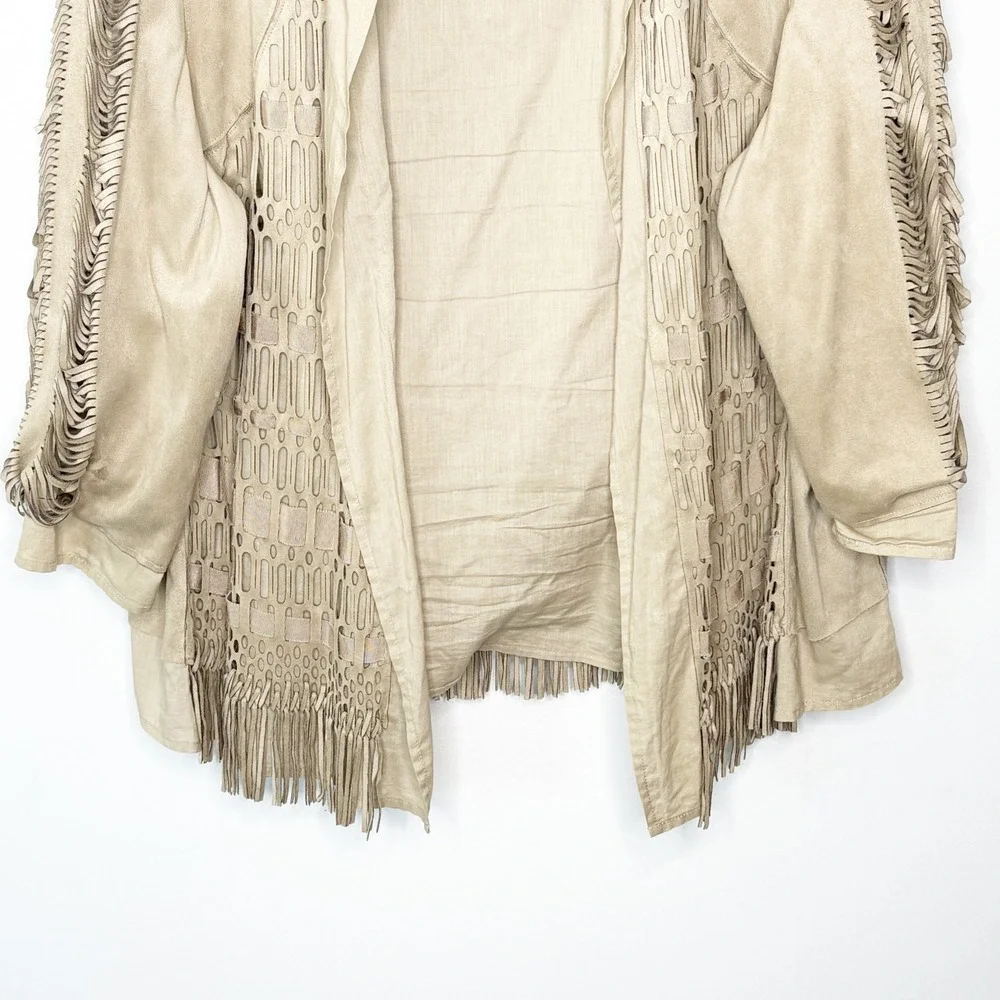 Chico's Tan Faux Suede Fringe Laser Cut Open Front Jacket Cardigan Size 3 XL
